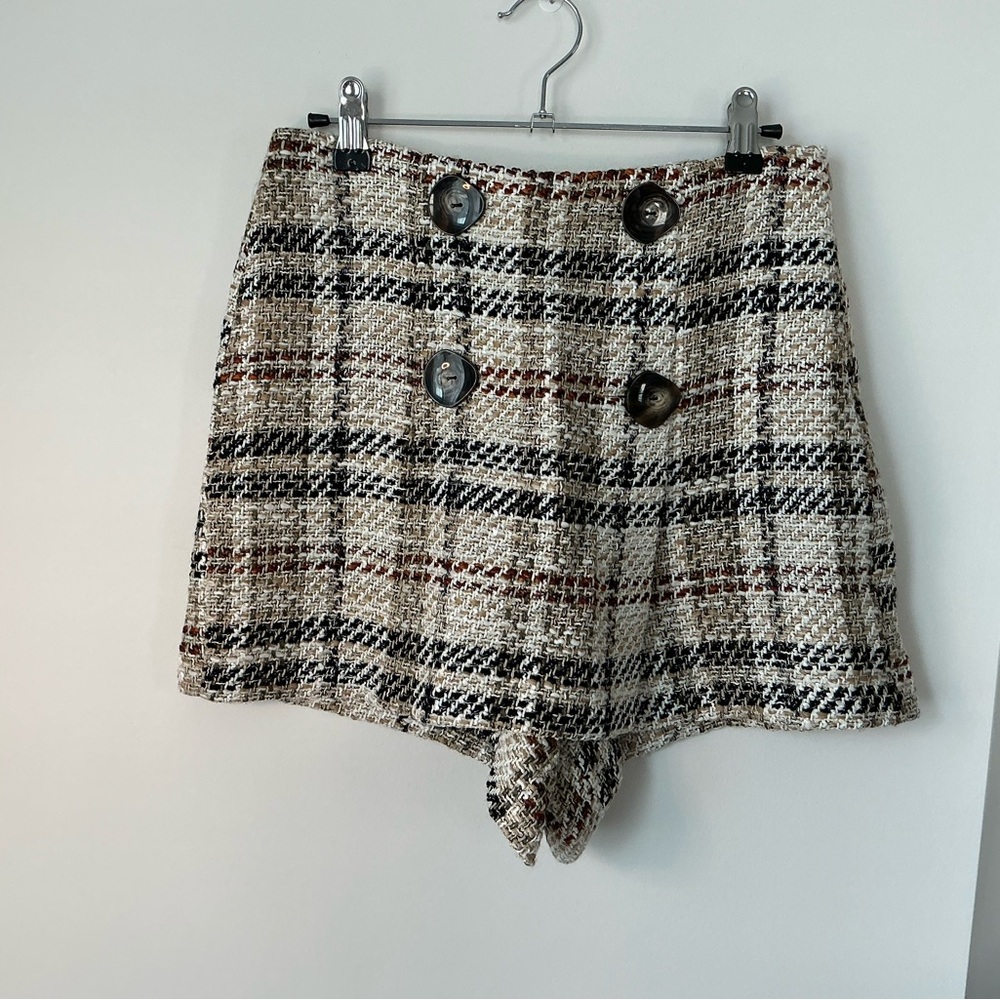 Zara High Waist Plaid Tweed Shorts - Black and Cream